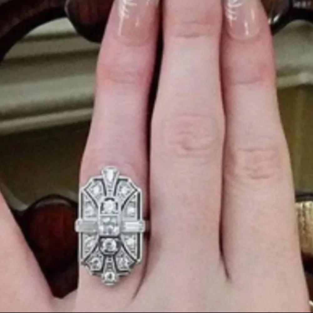 Sterling Silver + Crystal CZ Statement Art Deco Milgrain Cocktail Ring - Picture 7 of 9